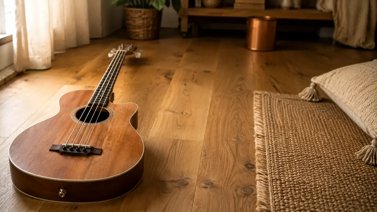 Akoestische basgitaar op een houten vloer