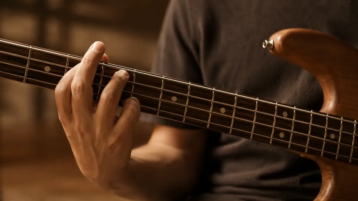 Linkerhand op de toets van een basgitaar