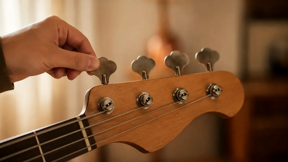 Hand die een stemmechaniek van een basgitaar draait